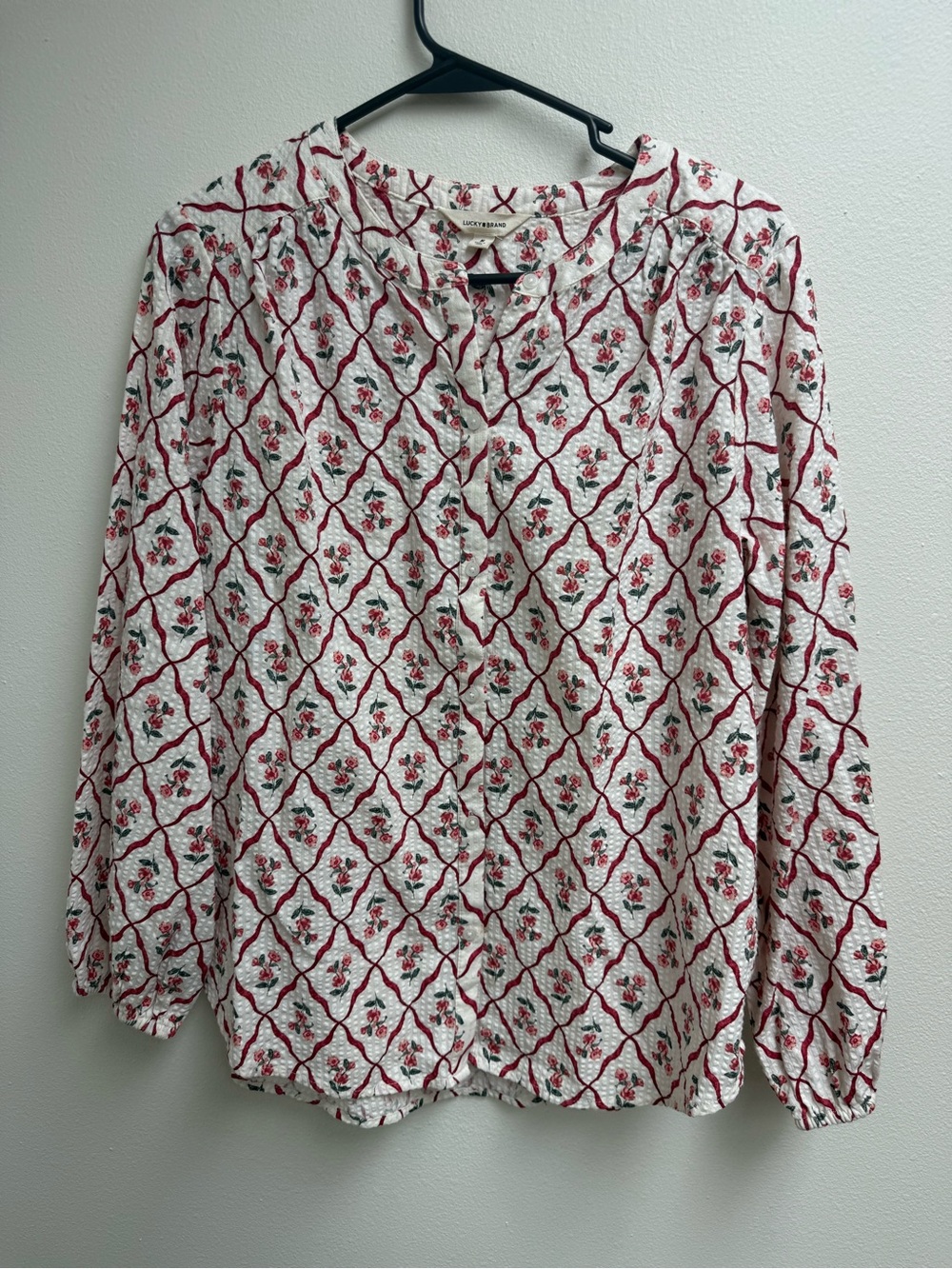 Lucky Brand White Button-Down Blouse with Red Floral Lattice